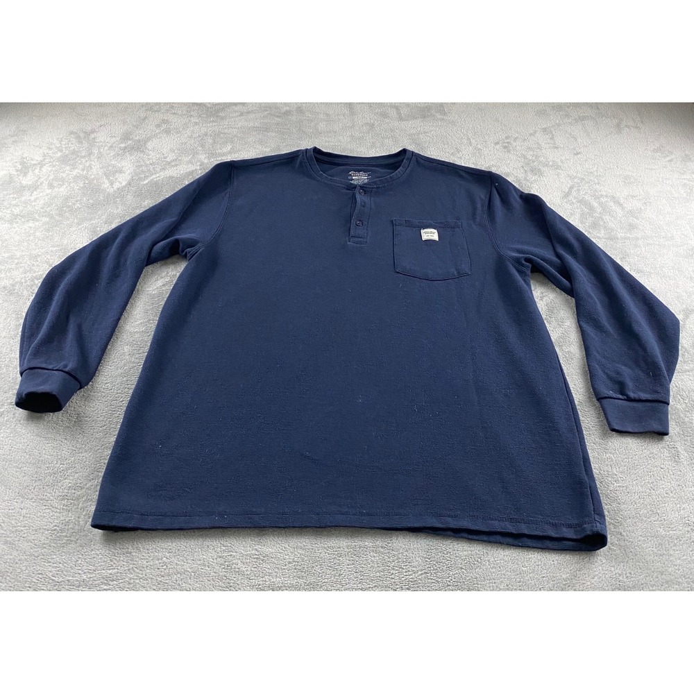 Eddie Bauer Workwear‎ Mens XXL Henley Shirt Navy Blue Waffle Knit Long Sleeves